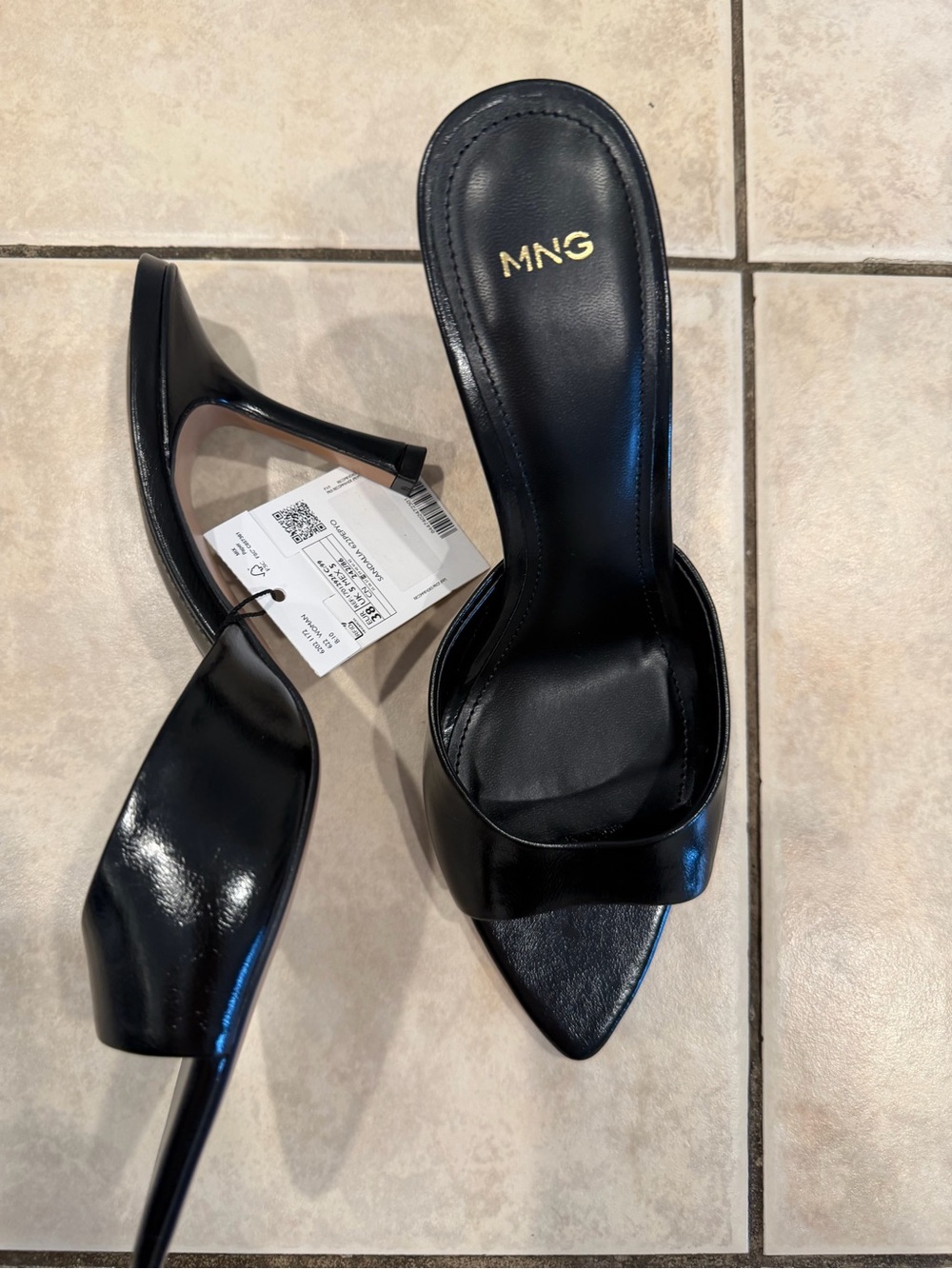 Mango Black Patent Pointed-Toe Heeled Mules